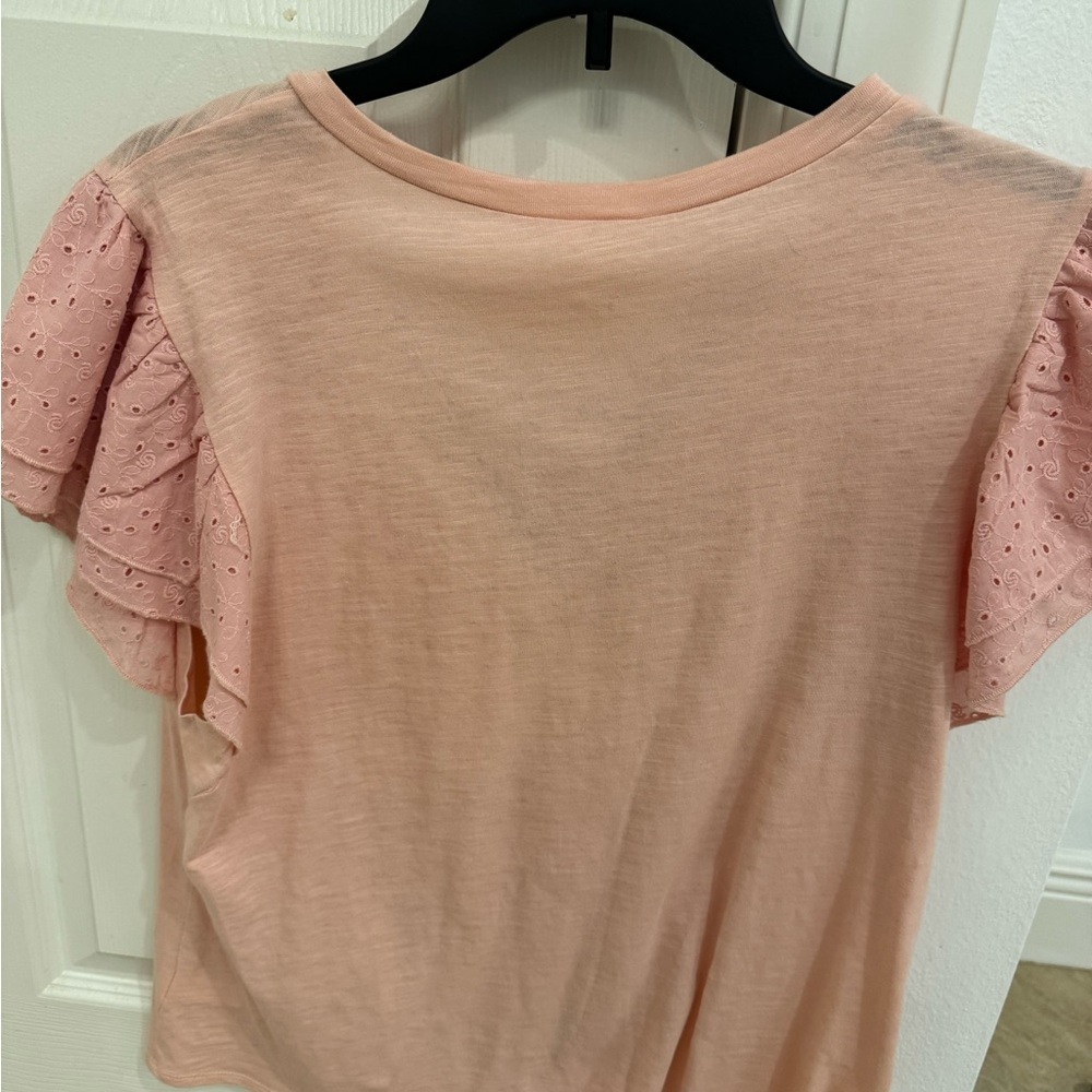 Pink V-Neck Blouse with Eyelet Sleeves - Picture 2 of 6